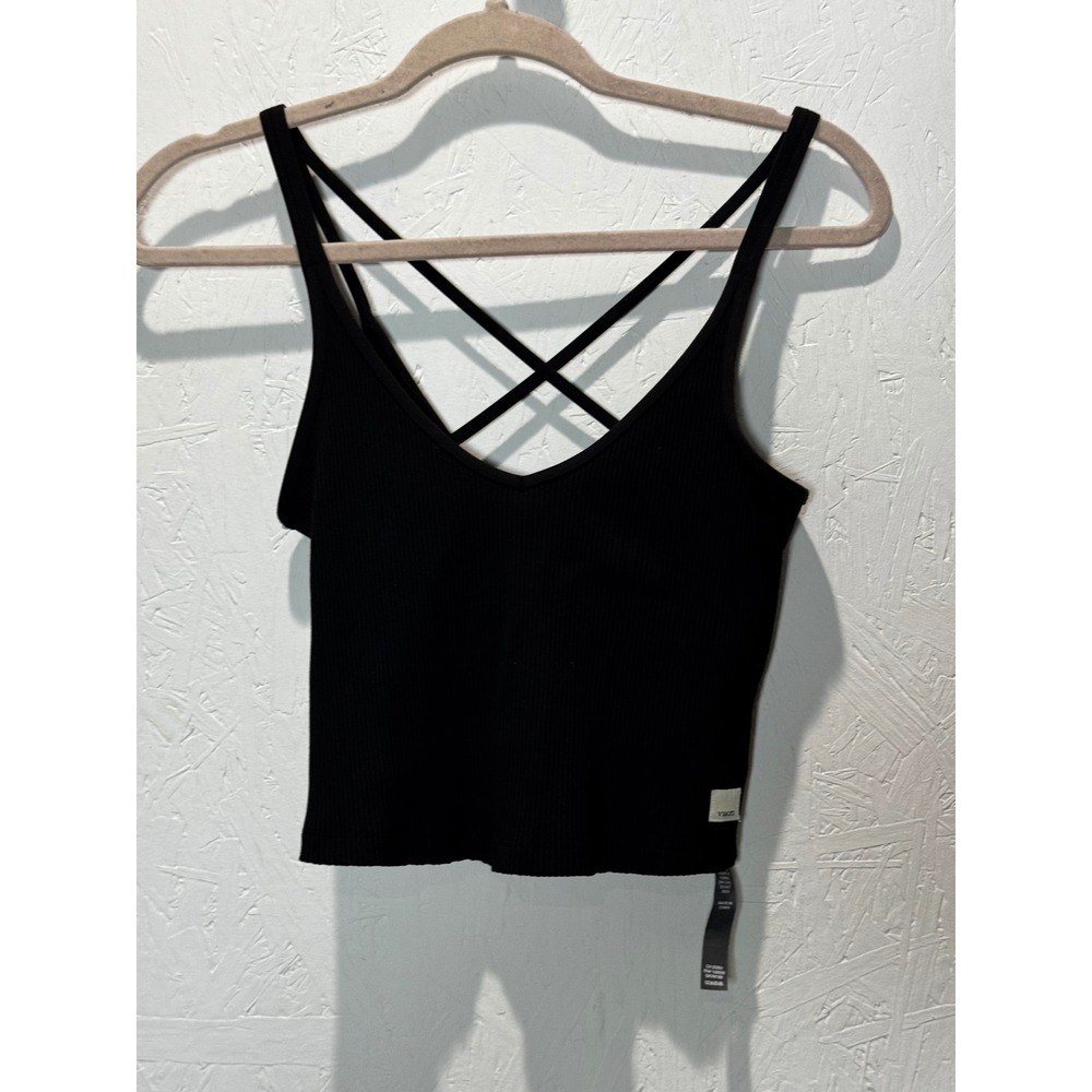 Vuori Women Black Rib Crop Tank Top V-Neck Double Cross Back Strap Size S - Picture 3 of 5